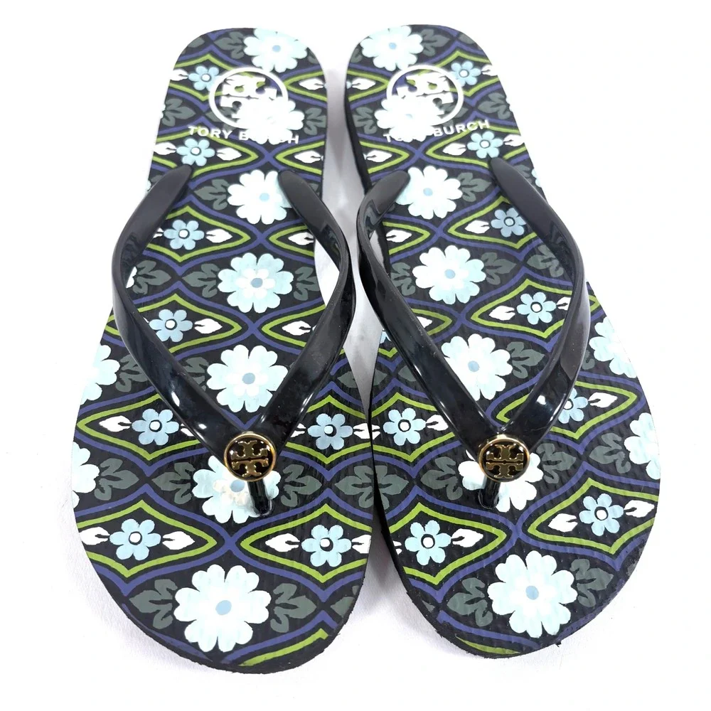 Tory Burch Flip Flop Sandals Black Floral Logo Thong Rubber Shoes Women Sz 9